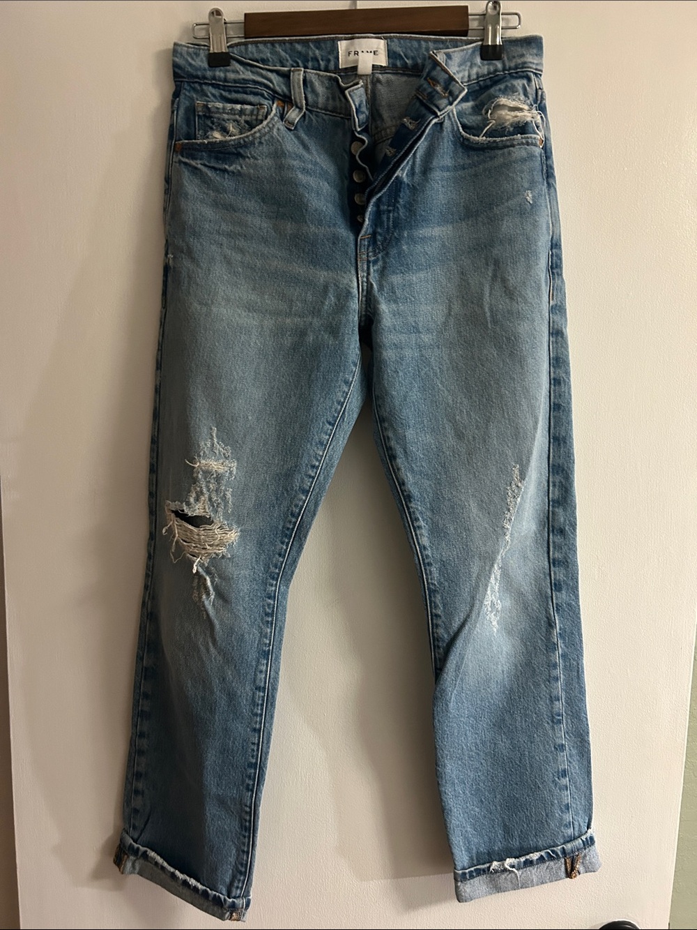 Frame Denim Women's Distressed Light Blue Button-Fly Jeans